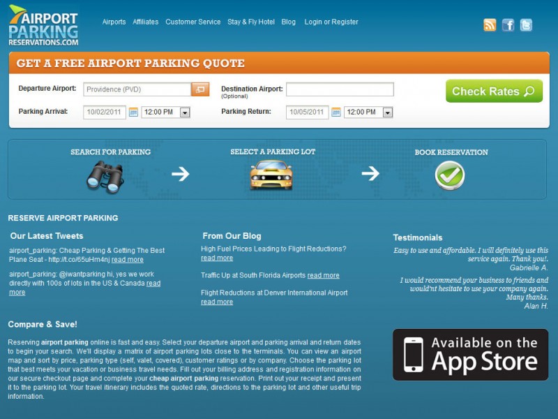 Screenshot of AirportParkingReservations.com homepage