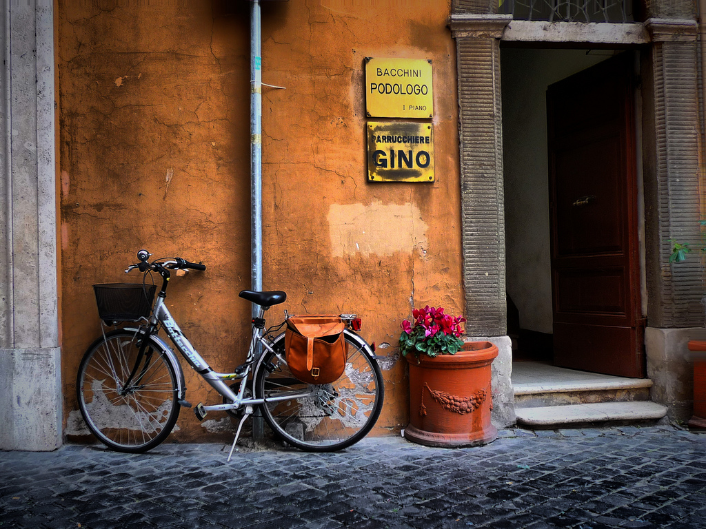 Bike leaning against a wall in Rome, Italy