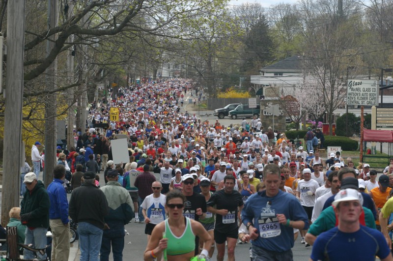 Running Boston Marathon in Natick, Massachusetts