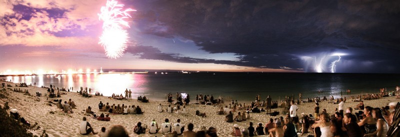 Comet, fireworks and lightning simultaneously over Perth, Australia