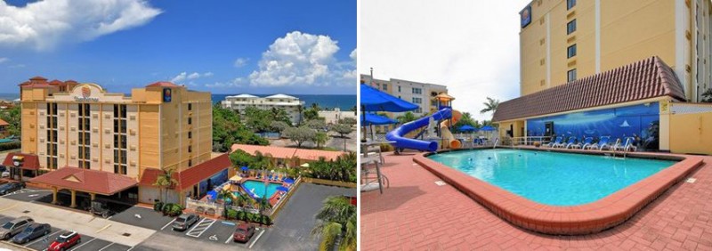 Pool and exterior of Comfort Inn Oceanside in Deerfield Beach, Florida