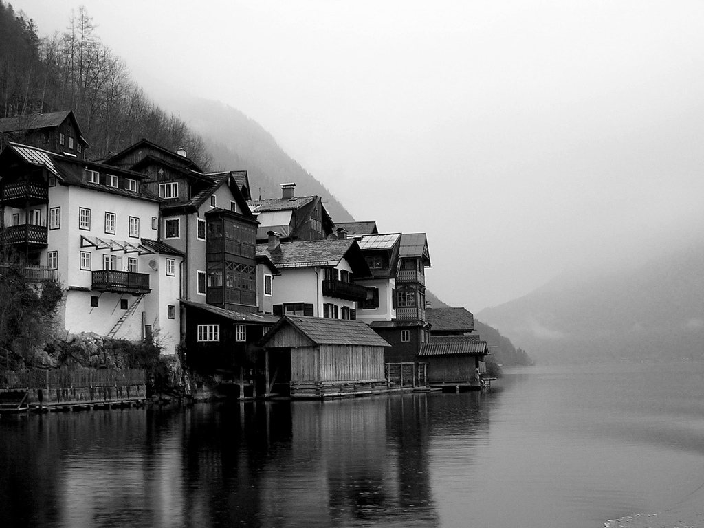 Village of Hallstatt, Austria in dense fog