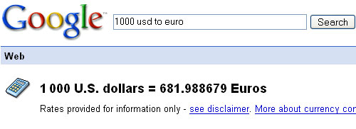 Google Shortcut: Currency US Dollars to Euros