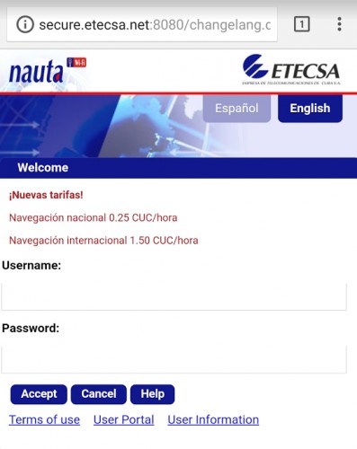 NAUTA Internet Login Screen