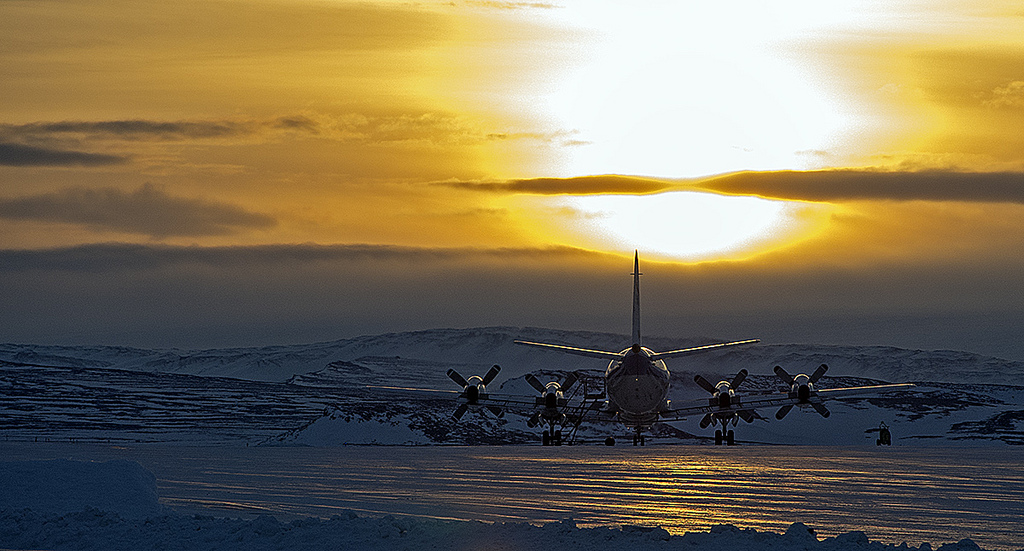 Plane ready for takeoff from the snow and ice of Greenland