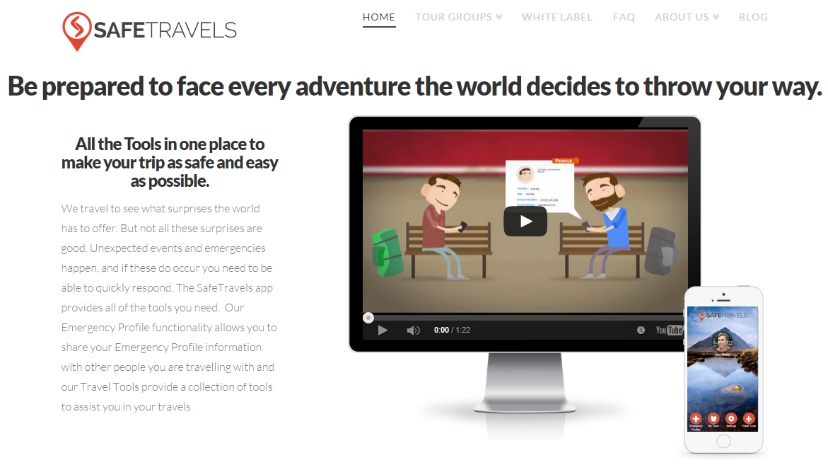 SafeTravels Travel App (homepage screenshot)