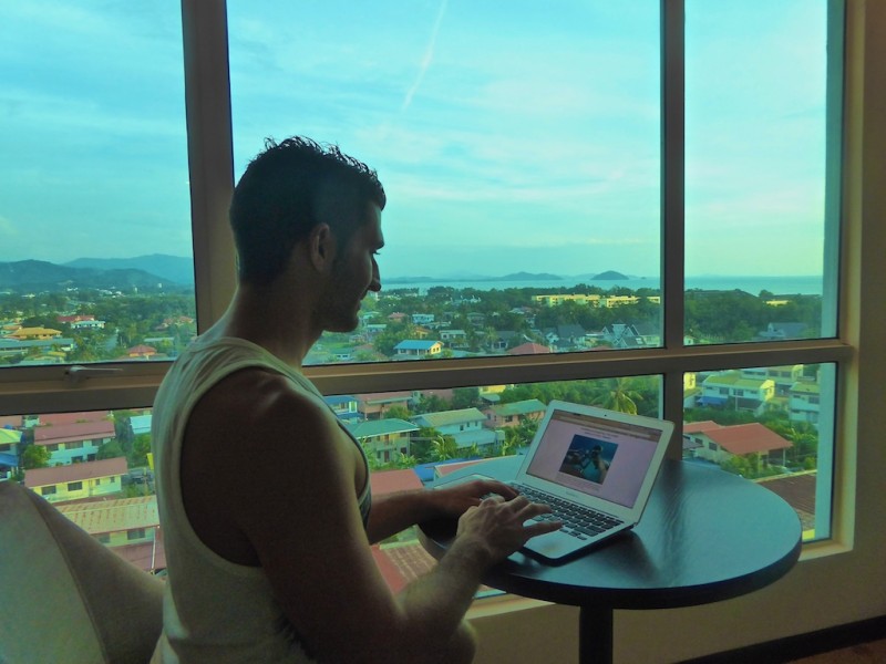 Stefan Working on the Blog in Kinabalu, Malaysia, Borneo