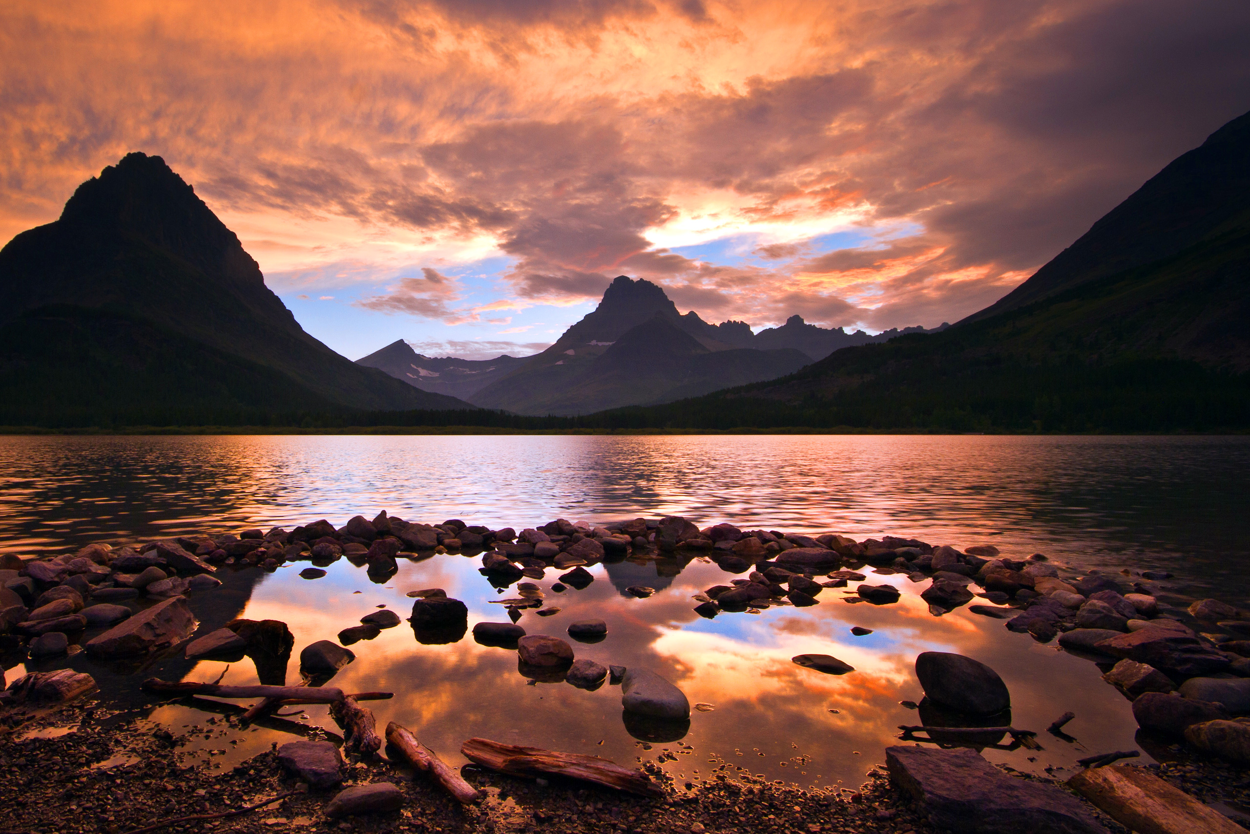 Sunset on Swiftcurrent Lake in Glacier National Park, Montana
