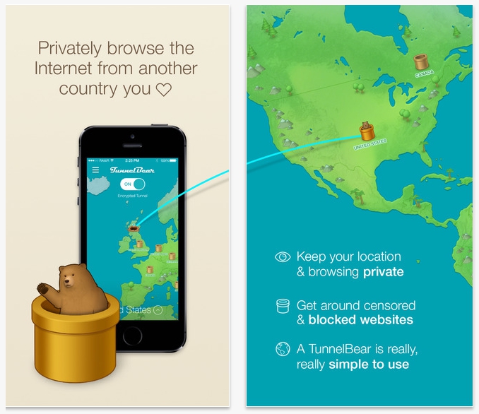 TunnelBear VPN software for iPhone/iOS (screenshot)