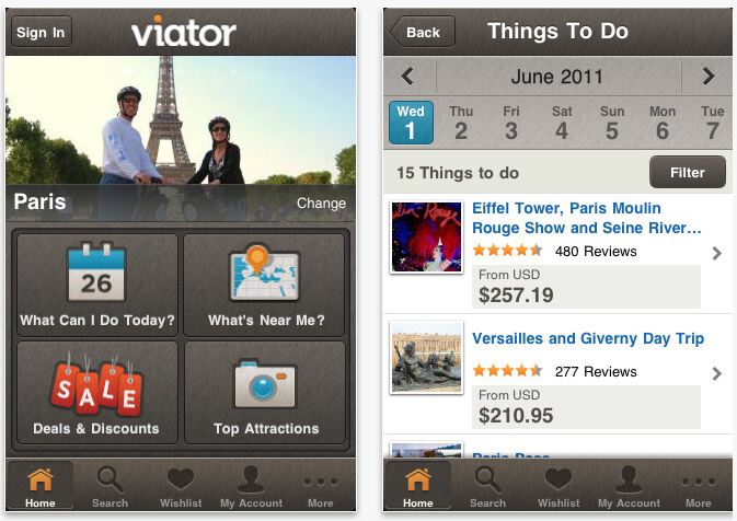 Screenshot of Viator.com's mobile app for iPad/iPhone