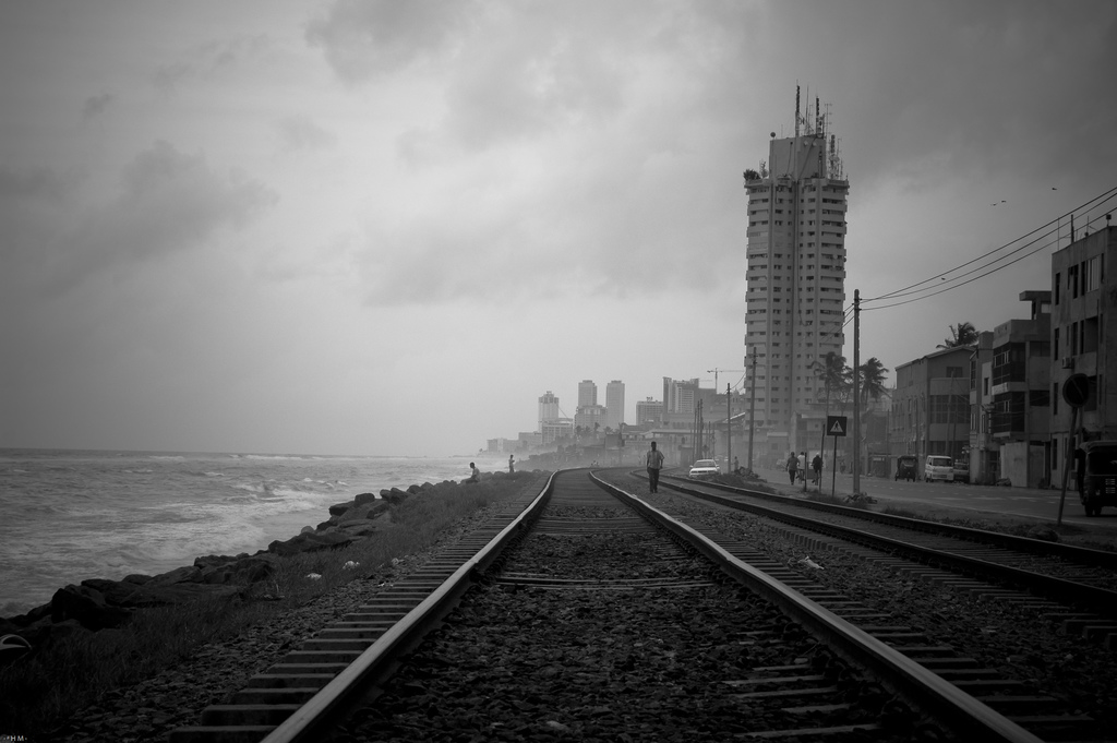 Walking the train tracks near Colombo, Sri Lanka